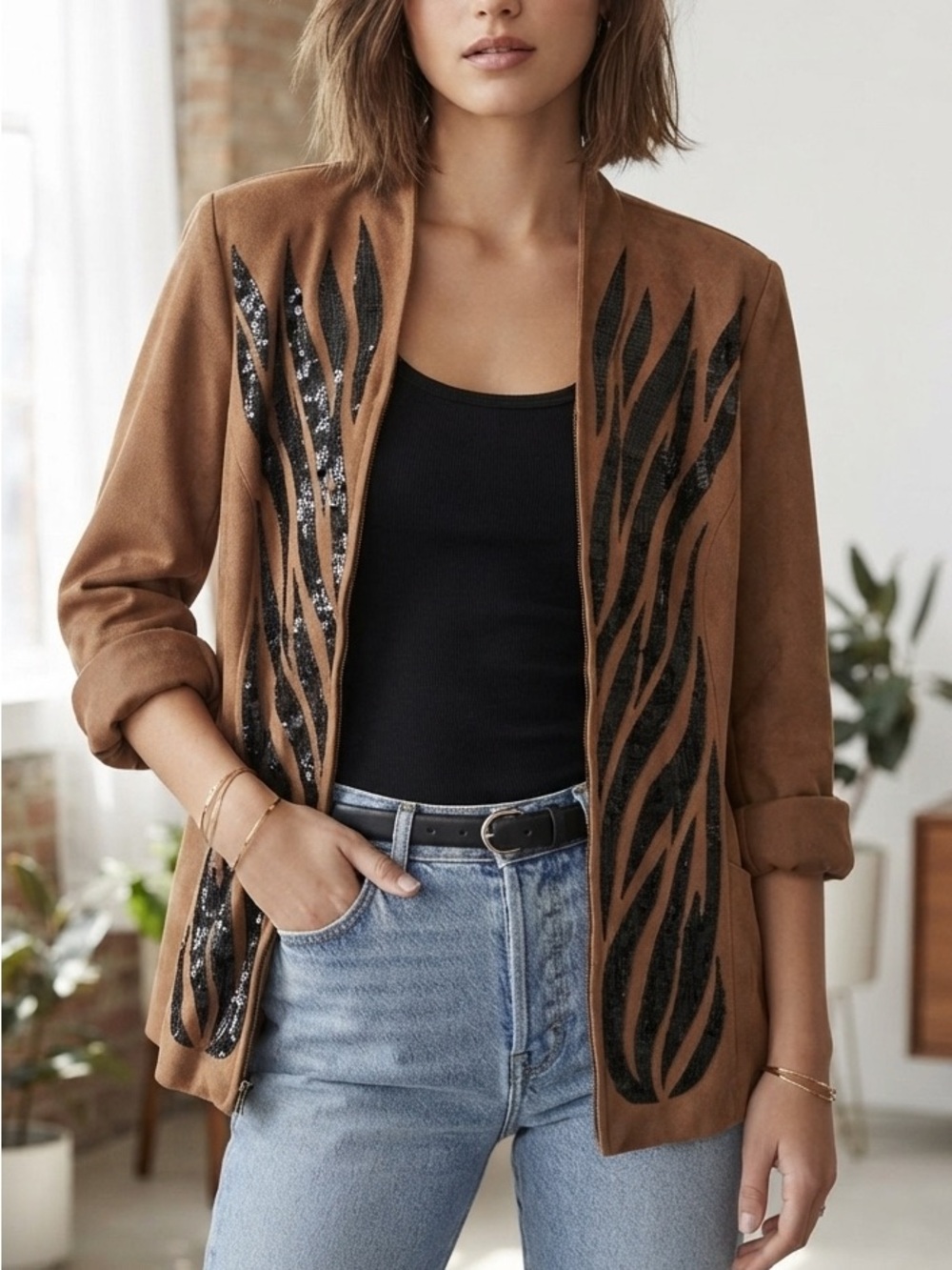 Bob Mackie Brown Jacket with Black Sequin Accents Medium
